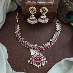 Araku Kemp Necklace Set with Jhumki | Bharatanatyam Jewelry | Temple Dance Jewelry | South Indian Bridal Jewelry