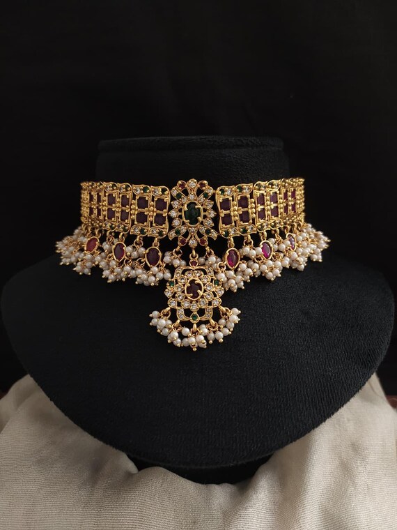 Kemp Stone Choker: Guttapusalu Style, Antique Gold Indian Necklace