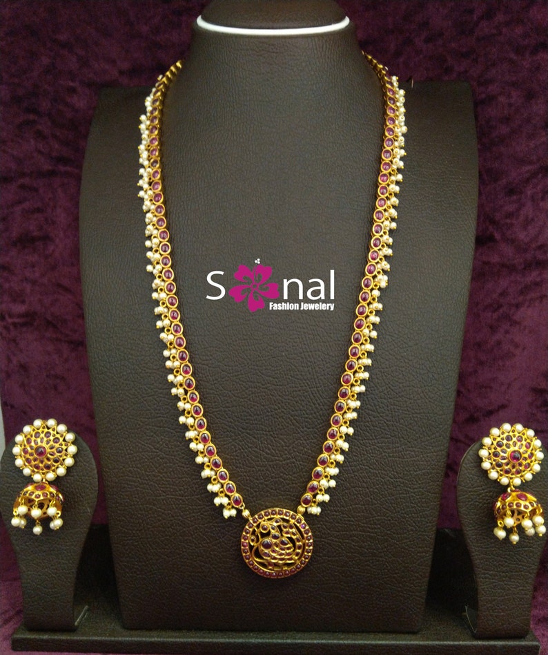 Indian Gold Plated Spinel Pearl Peacock Kemp Long Temple Necklace Set For Women /& Girls Gifts For Her Indian Jewelry South Indian Jewelry