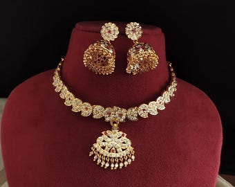 Traditional Attigai Necklace Set, White Ruby Stone Addigai Jewelry, South Indian Bridal Necklace with Matching Jhumka