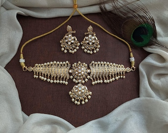 Traditional Kemp Choker Set, White Stone Bridal Necklace, Pearl Hanging South Indian Wedding Jewelry