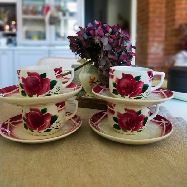 Set of 4 rare French vintage coffee cups, Digoin, Sarreguemines, Cibon pattern