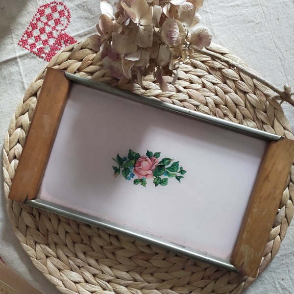 Vintage Italian wooden tray , vassoio , rose pattern, vintage kitchen