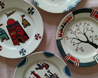 set 4 decorative flat plates, hand painted plates , italian vintage han painted plates, Appendino