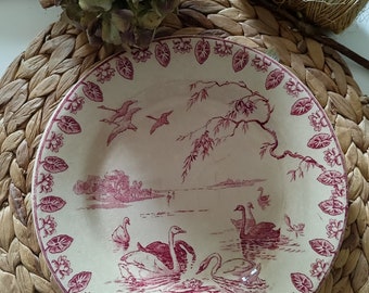 Antique French dinner plate , cygnes, Gien, terre de Fer, Red transferware, RARE