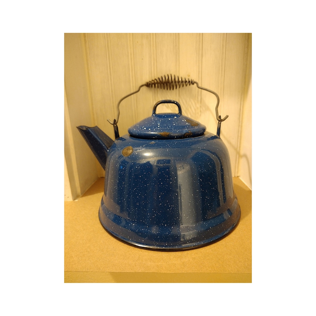 Vintage Blue Enamelware Teapot, Vintage Blue Kettle, Blue Speckled Tea