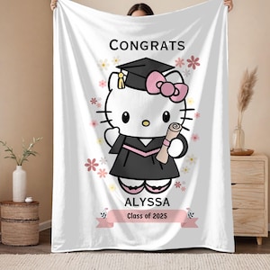 Personalisierte Kuscheldecke zum Schulabschluss, süßes Kätzchen, Geschenkidee, weiche Decke, Blumenmuster, Abschlussjahrgang 2026, Kawaii-Ästhetik