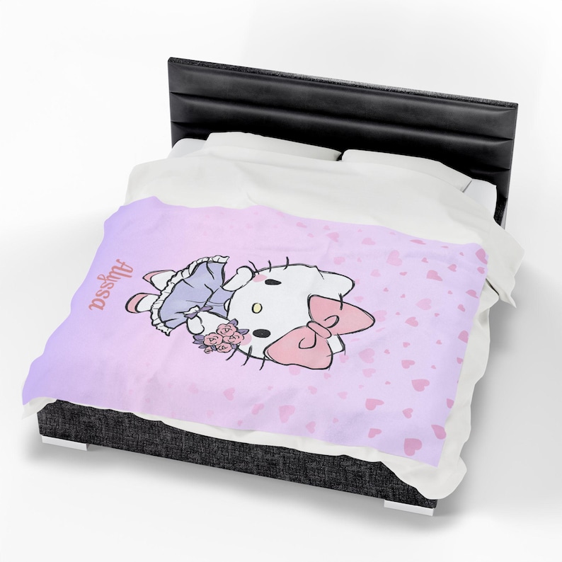 Custom name, Kawaii Kitty, Velveteen Plush Blanket, Personalized Throw Cozy Blanket, Girls, Daughter, Bitrhday, Cartoon Hello, Christmas image 6