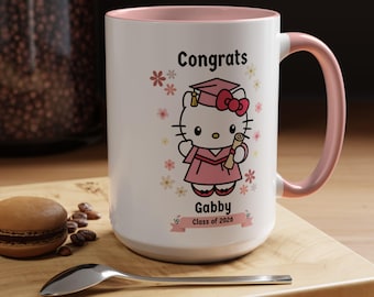 Custom Graduation, Hello Coffee Mug, Cute Kitty, Class of 2025, Gift for Grads, Floral Mug for Her, Custom Keepsake, Kawaii aesthetic