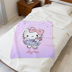 Custom name, Kawaii Kitty, Velveteen Plush Blanket, Personalized Throw Cozy Blanket, Girls, Daughter, Bitrhday, Cartoon Hello, Christmas Purple 30" × 40"
