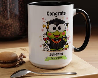 Personalized Graduation, Coffee Mug, Cartoon Frog, Class of 2026, Gift for Grads, Floral Mug for Her, Custom Keepsake, Cute Kawaii aesthetic