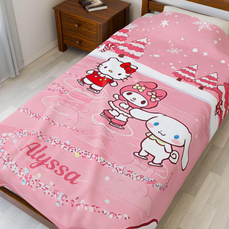 Nome personalizado, Gatinho Kawaii, Cobertor de pelúcia de veludo, Cobertor aconchegante personalizado, Meninas, Filha, Presente para ela, Olá de desenho animado, Natal 60" × 80"
