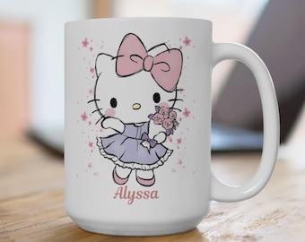 Custom Name, Kawaii Kitty, Hello Friends, Coquette Style, Cartoon Lovers Ceramic Coffee Mug, Cup, Birthday, Present, Gift