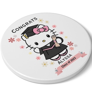 Custom name Coaster Graduation, Hello Grad, Cute Kitty, Class of 2025, Gift for Grad, Floral Gift, Custom Cartoon Kawaii aesthetic, daughter