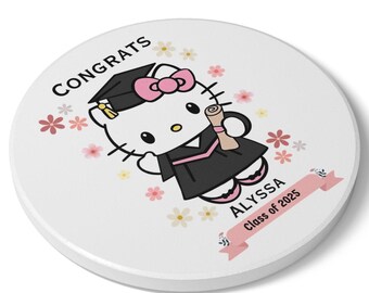 Custom name Coaster Graduation, Hello Grad, Cute Kitty, Class of 2025, Gift for Grad, Floral Gift, Custom Cartoon Kawaii aesthetic, daughter