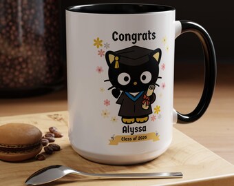 Personalized Graduation, Coffee Mug, Cute Kitty, Class of 2026, Gift for Grads, Floral Mug, Her, Custom Black Cat, Carton, Kawaii aesthetic