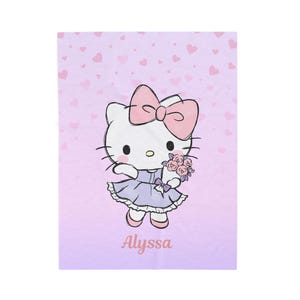 Custom name, Kawaii Kitty, Velveteen Plush Blanket, Personalized Throw Cozy Blanket, Girls, Daughter, Bitrhday, Cartoon Hello, Christmas image 2