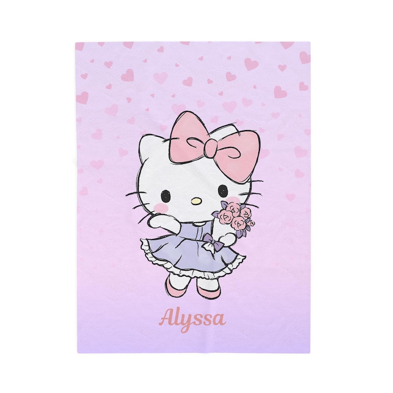 Custom name, Kawaii Kitty, Velveteen Plush Blanket, Personalized Throw Cozy Blanket, Girls, Daughter, Bitrhday, Cartoon Hello, Christmas image 2