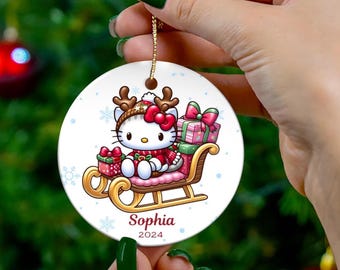 Gepersonaliseerd Kitty-ornament, Hello Christmas-ornament, gepersonaliseerd Kitty-ornament, kerstcadeau, Navidad, dochter, meisje, kerstdecoratie, kawaii-cartoon