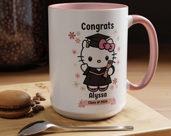 Personalized Graduation, Hello Coffee Mug, Cute Kitty, Class of 2026, Gift for Grads, Floral Mug for Her, Custom Keepsake, Kawaii aesthetic
