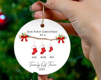 Our First Christmas as a Family Of Three, Baby's First Christmas Custom names and for New Family, one size print, new mom, dad, parents