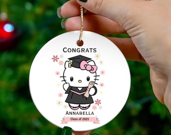 Ornament Personalized Graduation, Hello Floral, Cute Kitty, Class of 2025, Gift for Grads, Custom Keepsake, Kawaii aesthetic