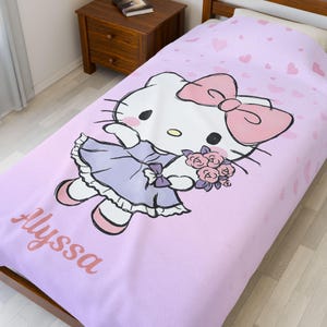 Custom name, Kawaii Kitty, Velveteen Plush Blanket, Personalized Throw Cozy Blanket, Girls, Daughter, Bitrhday, Cartoon Hello, Christmas Purple 60" × 80"