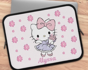 Custom Name Floral Laptop Sleeve,Kawaii Style, Computer Case, Cartoon Lovers, Tech Accessory, Gift for Students, Back to School