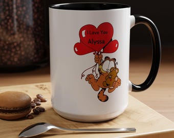 Custom Name, Cartoon, valentine day, love, Lazy Cat, Yellow Cat, Garfield-Cat Coffee Mug, Gift for Him, Her, boyfriend, girlfriend, vintage