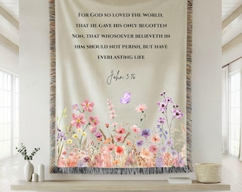 Woven Blanket Floral Verse Tapestry Throw Christian Lovers, Biblical Verse, Mothers Day, Mom Grandma John3-16, Spanish English Juan3-16 mama