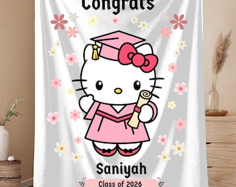 Manta de pelúcia personalizada para formatura, gatinho fofo, presente, manta macia, floral, turma de 2026, presente para formandos, estética kawaii