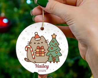 Custom Ornament, Lazy Cat, Personalized, Christmas Gift, Kids, Children's Gift Ornament with Name, Cartoon Fat Cat, Kawaii Style, Cat lovers