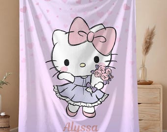 Nome personalizado, Gatinha Kawaii, Manta de veludo macia, Manta aconchegante personalizada, Meninas, Filha, Aniversário, Desenho animado Olá, Natal