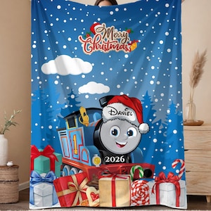 Personalisierte Samtdecke, Überwurf, Thomas-Weihnachten, Thomas-Zug-Geschenk, Geschenk für Zugfans, Sohn, Zug, Jungen-Cartoon, Geschenk