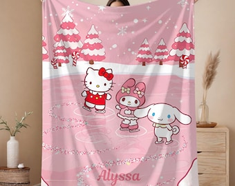 Custom name, Kawaii Kitty, Velveteen Plush Blanket, Personalized Throw Cozy Blanket, Girls, Daughter, Gift for Her, Cartoon Hello, Christmas