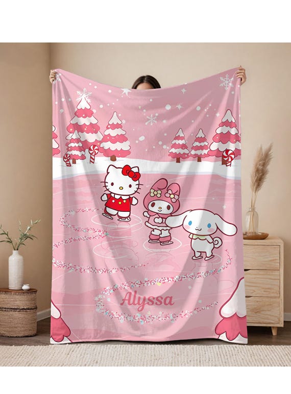 Custom name, Kawaii Kitty, Velveteen Plush Blanket, Personalized Throw Cozy Blanket, Girls, Daughter, Gift for Her, Cartoon Hello, Christmas