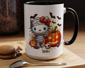 Custom Halloween Coffee Mug, Kawaii Cute Kitty, Spooky Mug, Personalized Gift, Halloween Decor, Cat Lover Mug