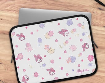 Custom name Melody, Cute Floral Laptop Sleeve, Hello Kawaii Style, Computer Case, Tech Accessory,  Students Girls, Back to School, Anime