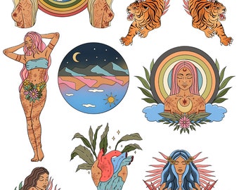 May include: A set of nine digital illustrations featuring women, tigers, hearts, and celestial elements. The illustrations are in a colorful, whimsical style with a focus on nature and spirituality.