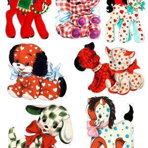May include: A collection of vintage-style stuffed animal toys, including a red horse, an elephant, a pony, two dogs, and a bunny. The toys feature various patterns, such as hearts, polka dots, and gingham, with bows and decorative accents.