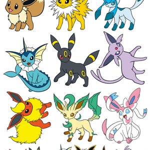 May include: A collection of 15 cartoon illustrations of Eevee and its evolutions. The evolutions include Vaporeon, Jolteon, Flareon, Espeon, Umbreon, Leafeon, Glaceon, Sylveon, and a few Eevee.