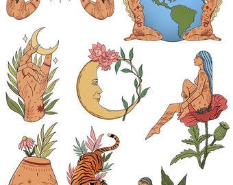 Może przedstawiać: Zestaw dziewięciu ilustracji przedstawiających różne wzory inspirowane niebem i naturą. Ilustracje obejmują słońce, księżyc, ziemię, dłoń, tygrysa i kobiety z kwiatowymi i niebieskimi motywami.