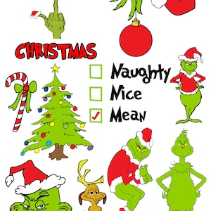 May include: A collection of Christmas-themed cartoon graphics featuring the Grinch. Includes a Christmas tree, candy cane, ornaments, and text that reads "Merry Fucking Christmas", "Naughty, Nice, Mean".