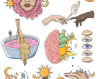Może przedstawiać: Zestaw kolorowych ilustracji przedstawiających ciała niebieskie, mózg, oczy, dłonie i kobietę w wannie. Ilustracje są w fantazyjnym stylu i charakteryzują się różnorodnością kolorów, w tym różowym, niebieskim, żółtym i zielonym. Tekst "Universe Helps" i "Make Magic" jest zawarty w obrazie.
