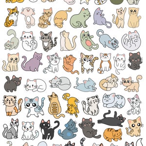 May include: A collection of 60 cute cartoon cats in various poses and colors. The cats are drawn in a simple, whimsical style and are perfect for use in digital scrapbooking, card making, or other creative projects.