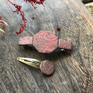 Red and Black Big Wave hair jewelry set-Hand crafted barrette-ceramic barrette-red and black barrette-hair accessories-big wave jewelry