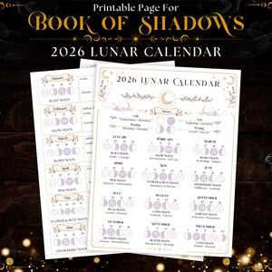 2026 Lunar Calendar Journal for Book of Shadows ~ Printable Grimoire Insert ~ Magic Journal ~ Cottage Witch