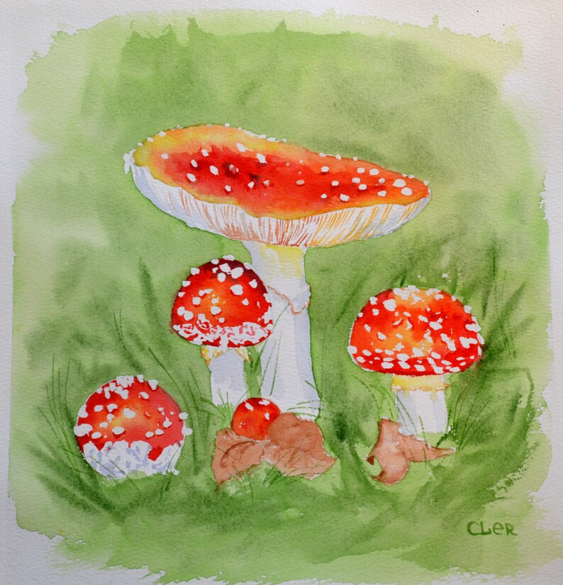 Original watercolor painting Amanita Mushrooms is unique gift.