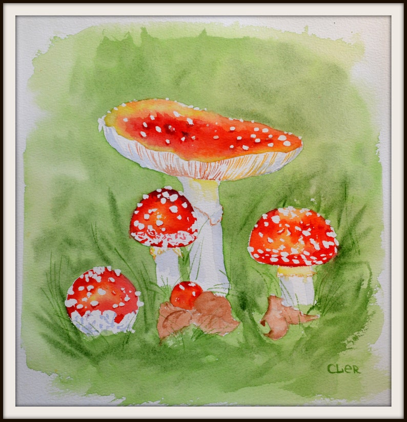 Original watercolor painting Amanita Mushrooms is unique gift.