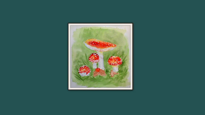Original watercolor painting Amanita Mushrooms is unique gift.